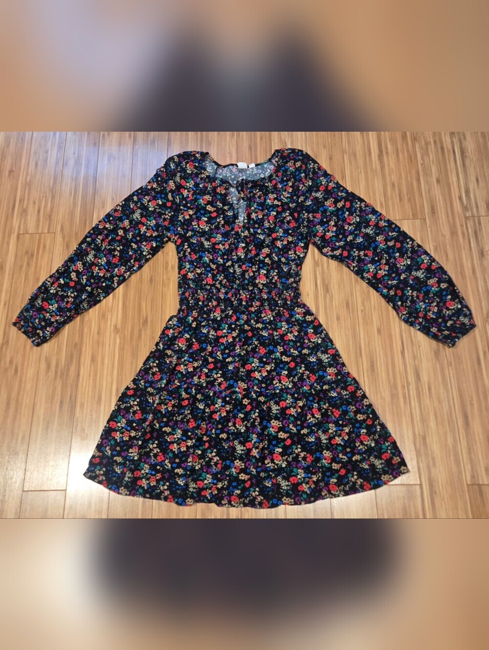 GAP Floral Long Sleeve Mini Dress - Black Base with Multicolor Flowers